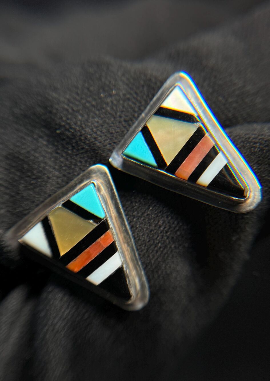 Zuni Sterling Silver Inlay Triangle Stud Earrings Turquoise Coral MOP Onyx